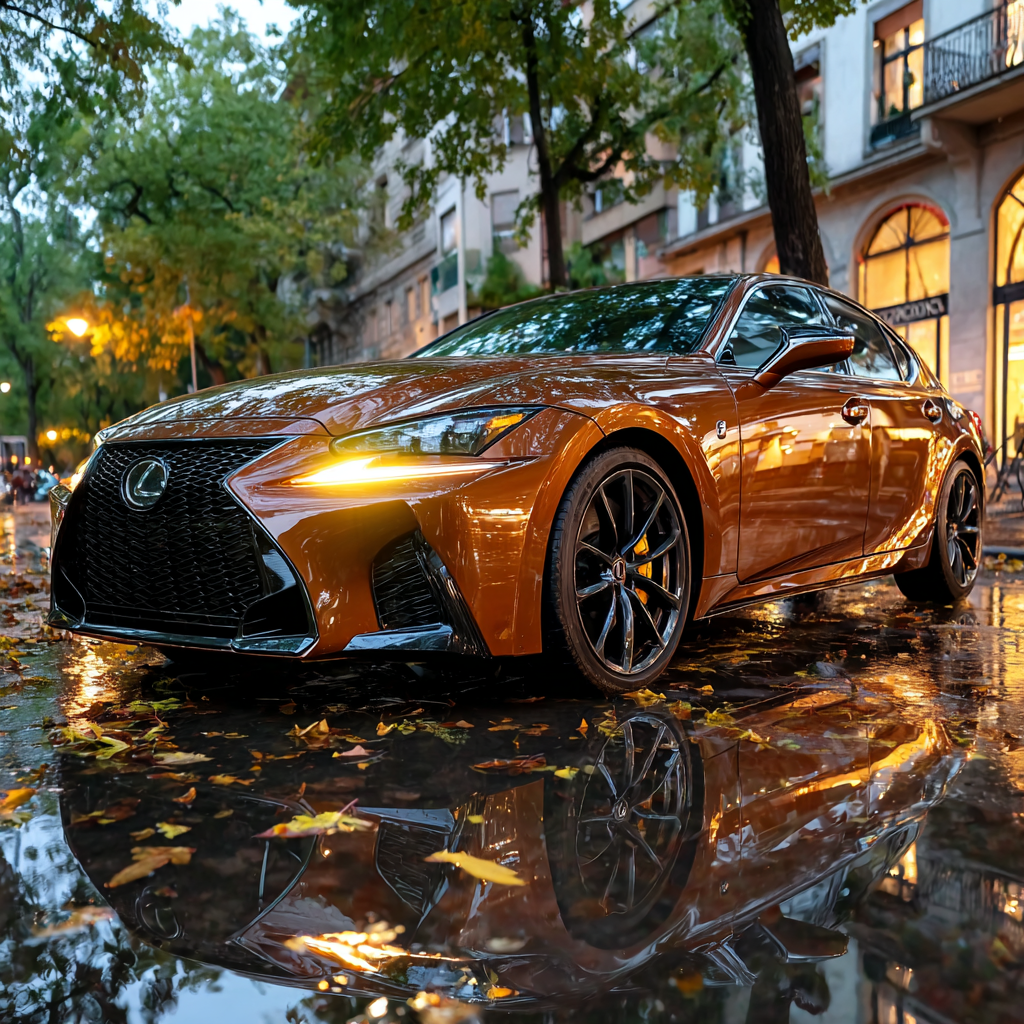 Bronze Lexus on Wet Street