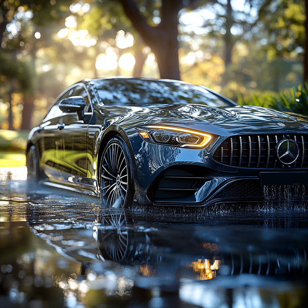 Luxury Mercedes sedan with perfect reflection after professional wash